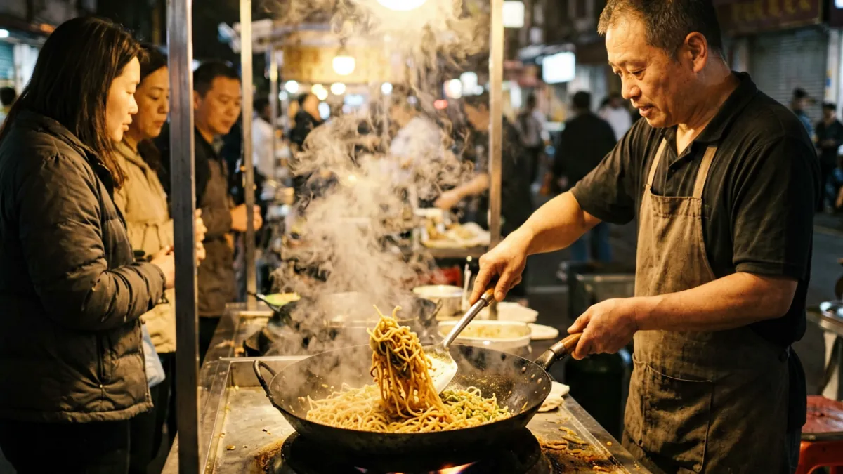 草莓视频热门第一名视频缩略图，画面呈现城市街头美食探店的生动场景