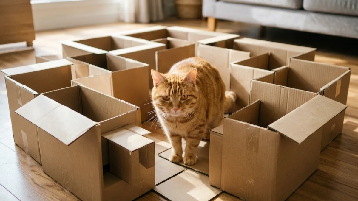 草莓视频热门第二名视频缩略图，一只橘猫被主人用纸箱迷宫困住后自己找出口的可爱画面